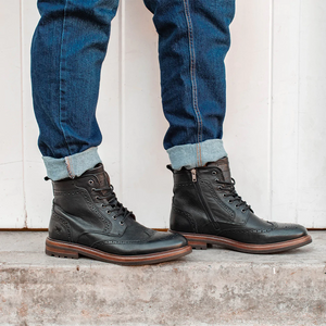 Wild Rhino Logan Black Brogue Eyelet Zip Ankle Boot Made In