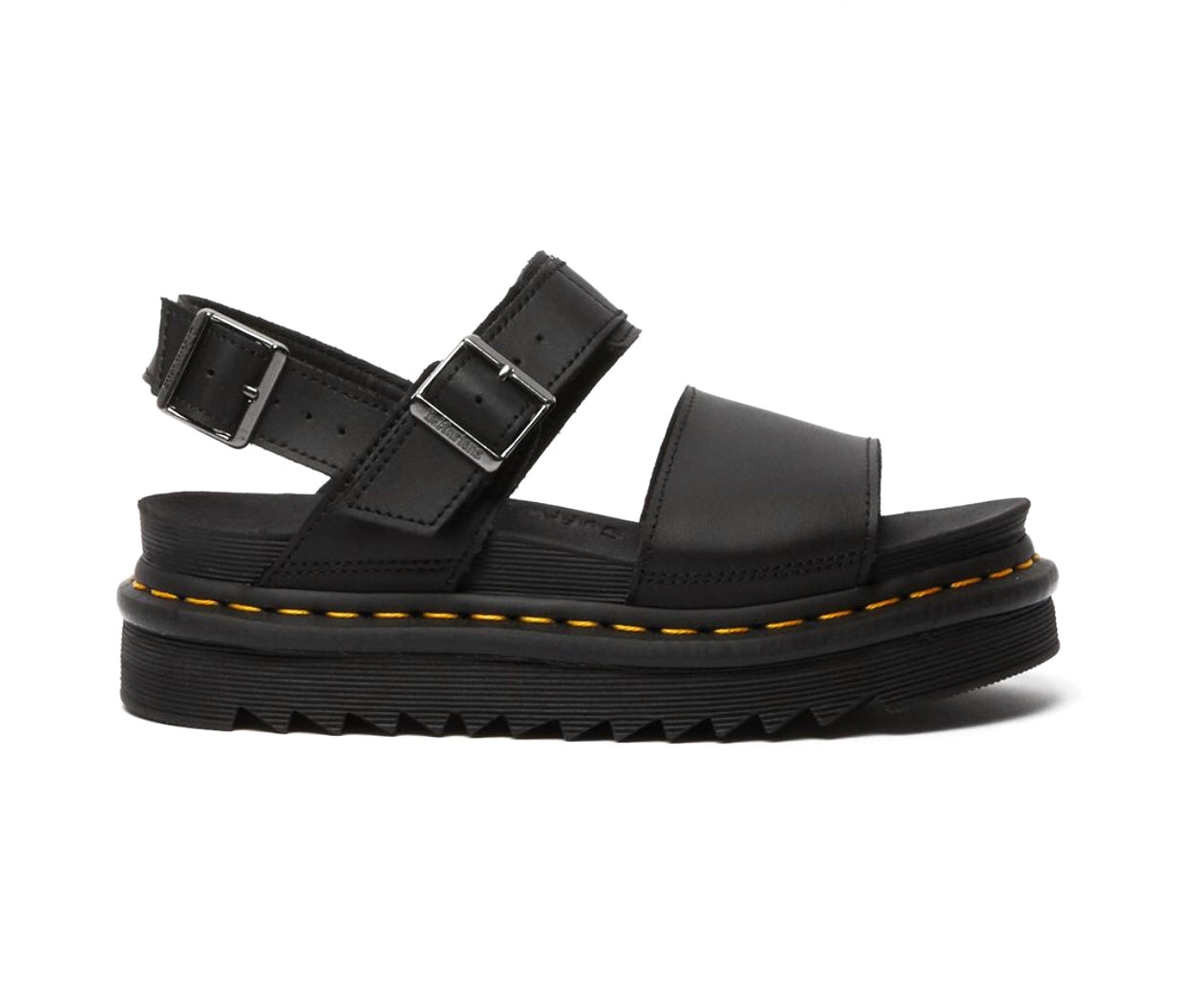 Dr. Martens Voss Black Hydro Leather Yellow Stitch Sandal