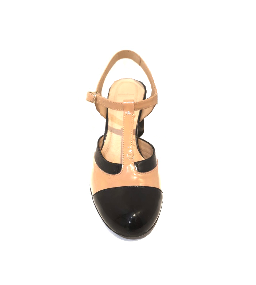 Wonders I-6804 Sand Black Negro Charol Patent Leather T-Bar 2 Tone Court Shoe Made In Spain