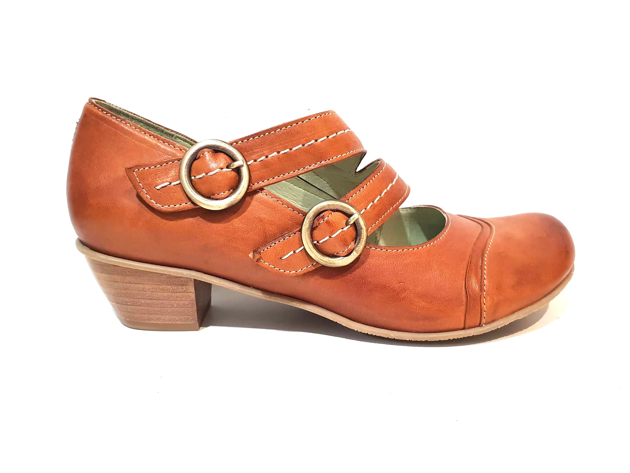 Mentha Alt Cognac Leather Women’s Court Shoes Mary Jane Double Buckle Velcro Made In Portugal