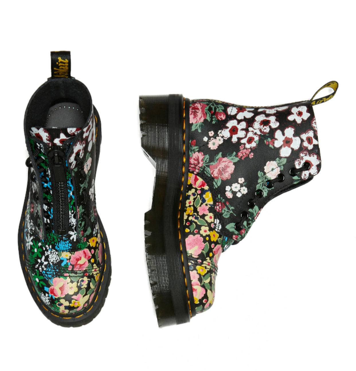 Dr. Martens Sinclair Black Floral Mash Up Backhand Zip Ankle 8 Eyelet Boot
