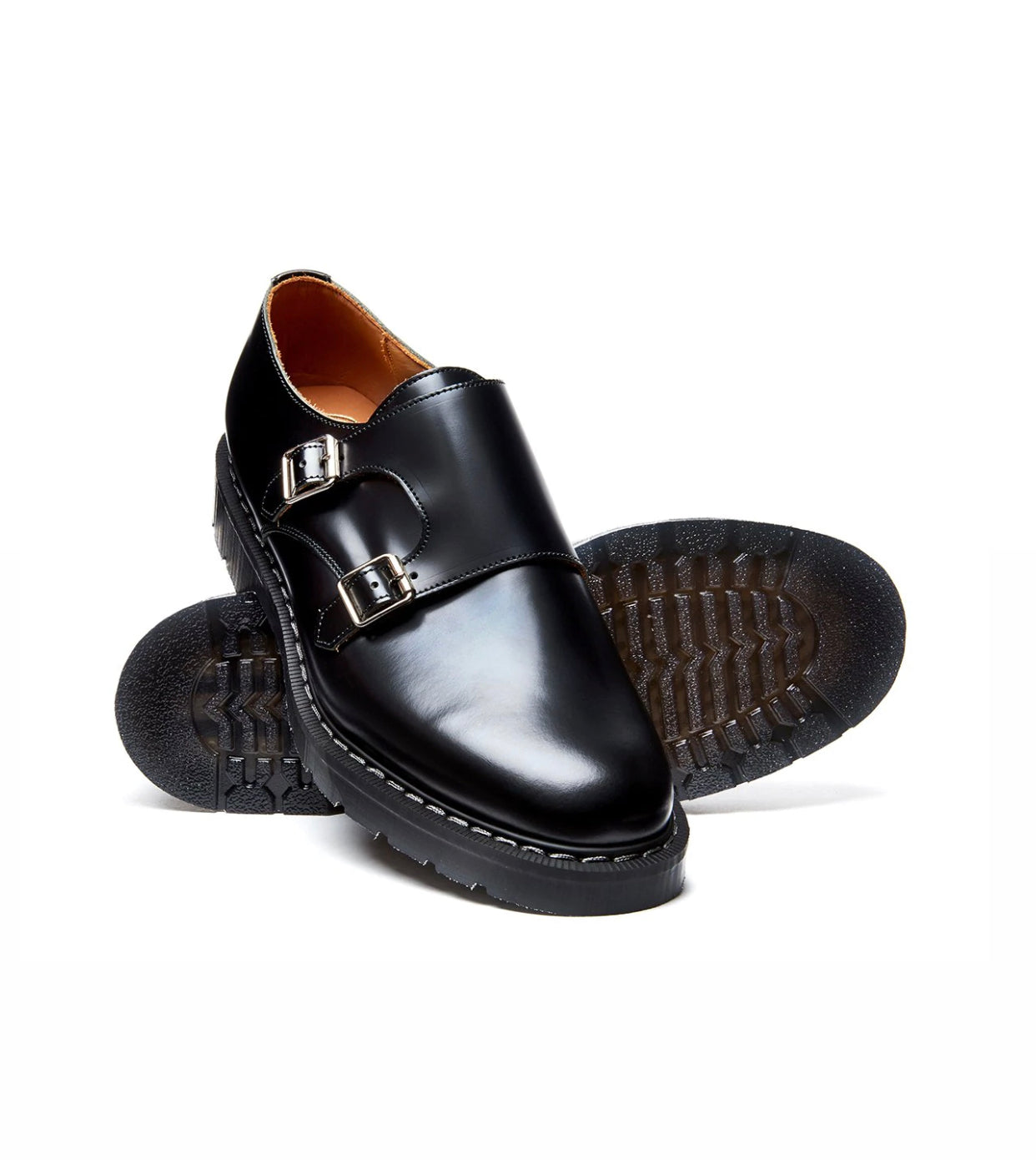 Solovair Black Hi Shine Double Buckle Monk Shoe Made In England