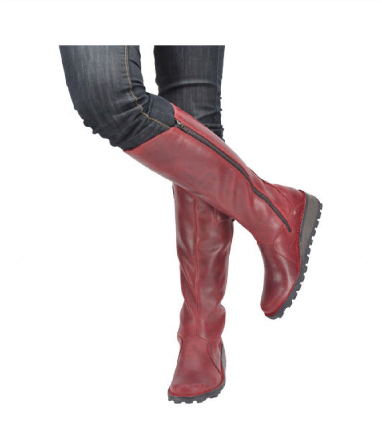 Fly London Mol Red Leather Zip Up Knee High Made In Portugal