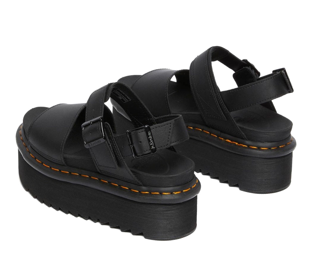 Dr. Martens Voss Quad Black Hydro Leather Yellow Stitch Platform Sandal