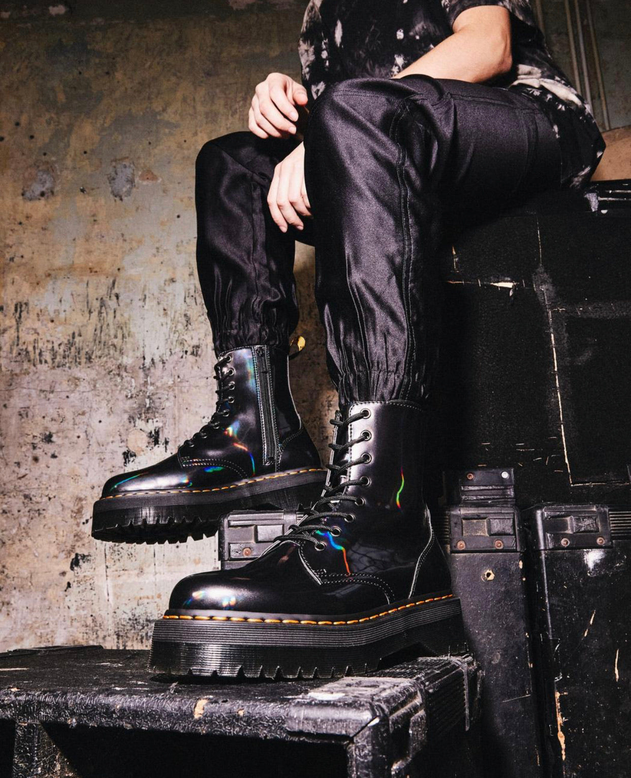 Dr. Martens Jadon Gunmetal Hologram Platform Ankle 8 Eyelet Boot