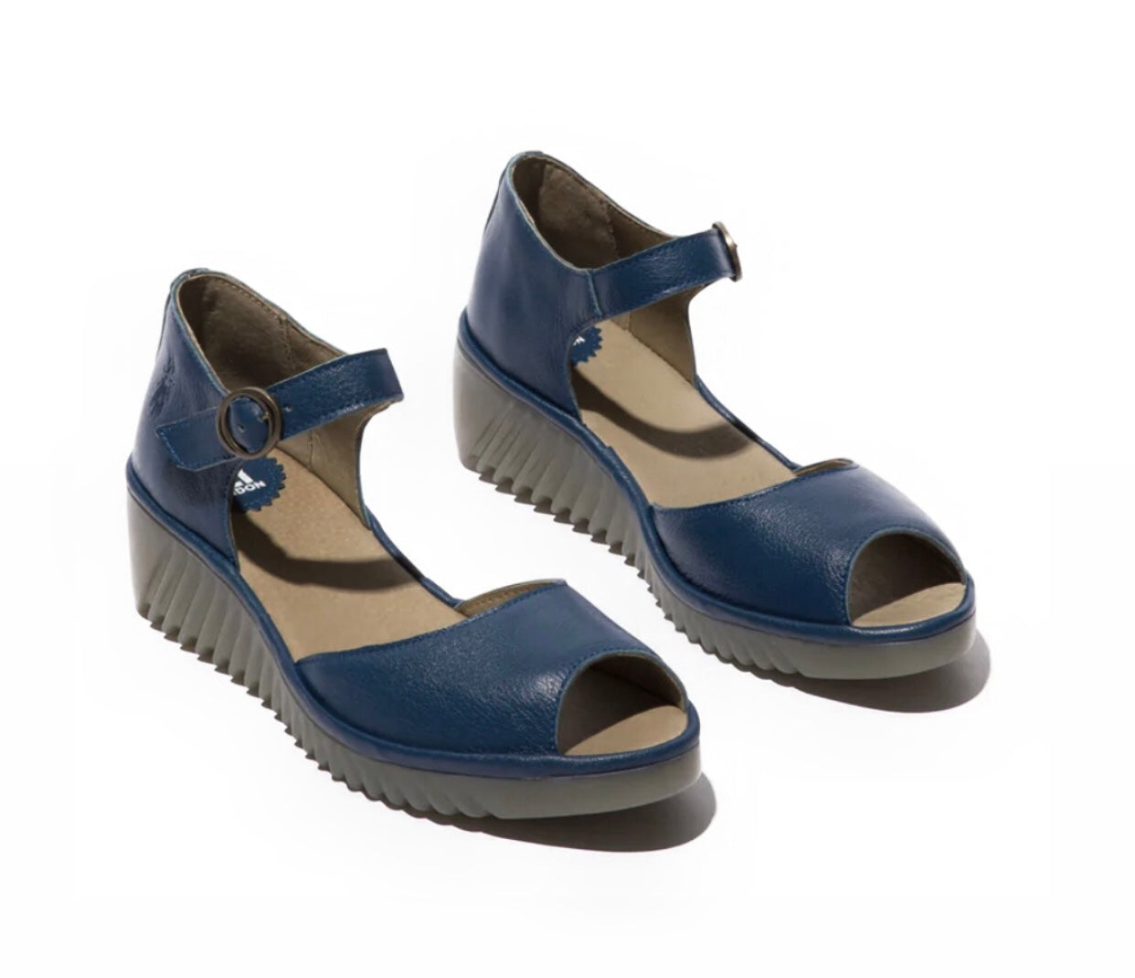 Fly London Lene383Fly Blue Mousse Open Toe Wedges Made In Portugal