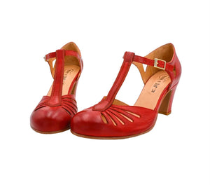 Rock n’ Dot 8540 Linda All Rosso Red Leather T-Bar Court Shoe Made In Portugal