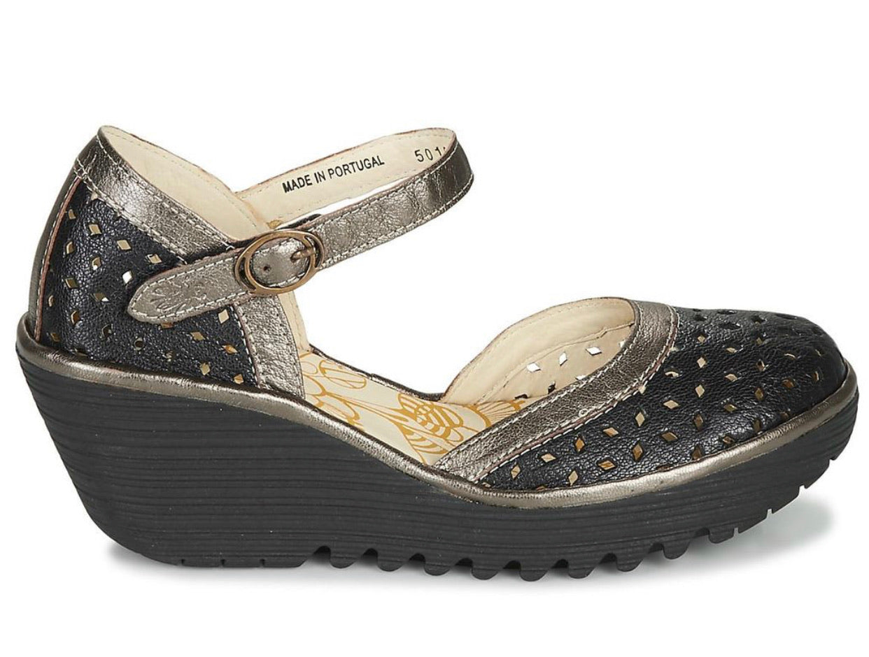Fly London YVEN029FLY Black/Bronze Mous/Idra Women's Wedges Sandals Made In Portugal