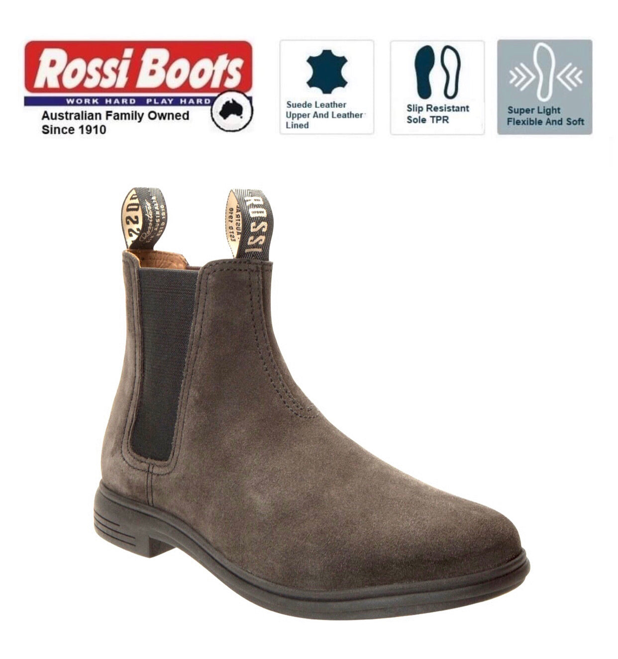 Rossi Boots 142 Barossa Charcoal Suede Leather Chelsea Dress Boot