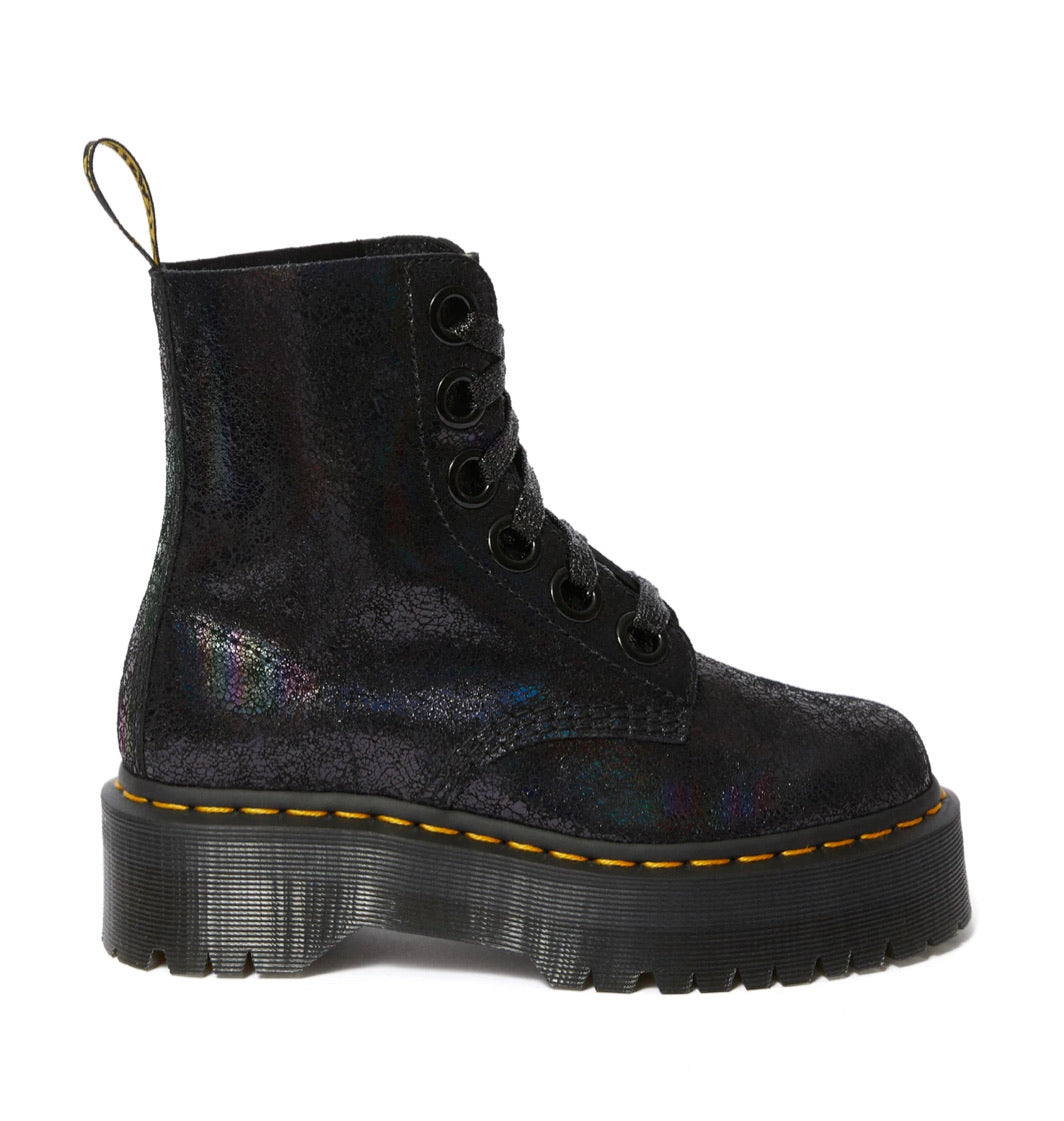 Dr. Martens Molly Black Iridescent Crackle Platform Ankle 6 Eyelet Boot