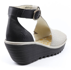 Fly London YALL962FLY Silver Black borg/mous Women's Wedges Open Toe Sandals Made In Portugal