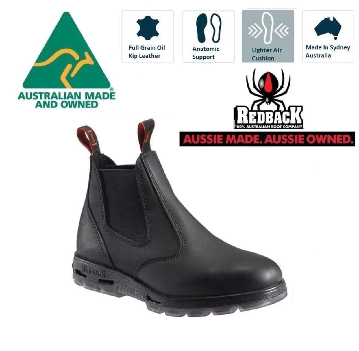 Redback UBBK Black Soft Toe Elastic Sided Boot Made In Australia