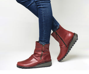 Fly London Mon944FLY Red Leather Double Zip Ankle Boot Made In Portugal