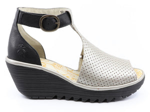 Fly London YALL962FLY Silver Black borg/mous Women's Wedges Open Toe Sandals Made In Portugal
