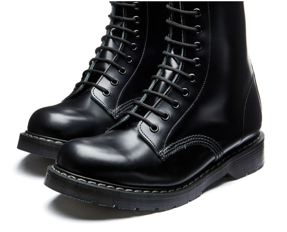 Solovair Black Hi Shine 14 Eyelet Mid Calf Boot Made In England