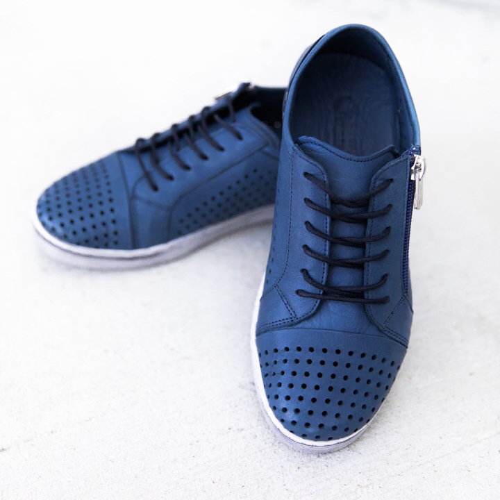 Cabello Comfort EG17 Ocean Blue Perforated 6 Eyelet Zip Shoe Made In Turkey