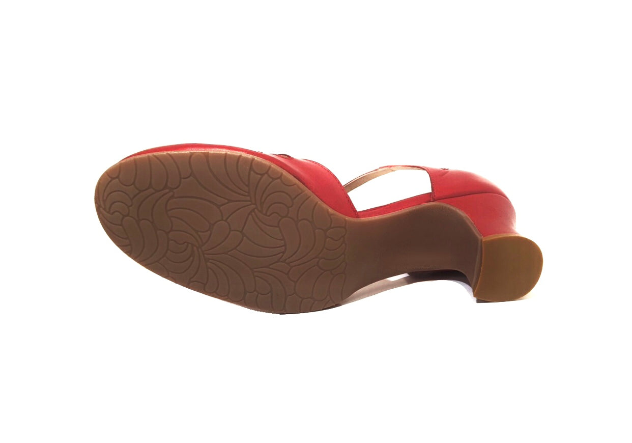 Rock n’ Dot 8540 Linda All Rosso Red Leather T-Bar Court Shoe Made In Portugal