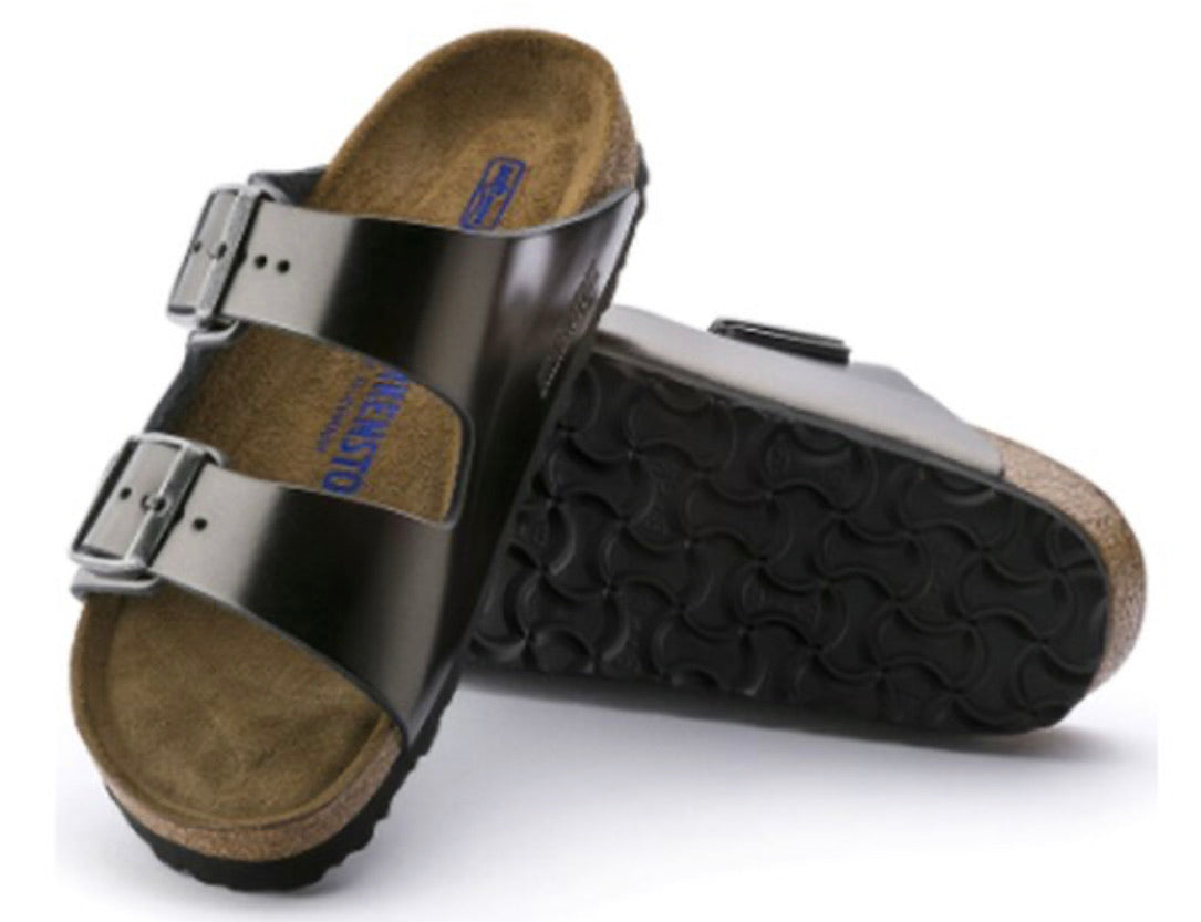 Birkenstock Arizona Metallic Anthracite Leather Soft Footbed Made In Germany