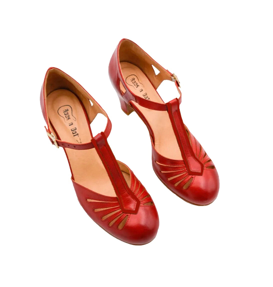 Rock n’ Dot 8540 Linda All Rosso Red Leather T-Bar Court Shoe Made In Portugal