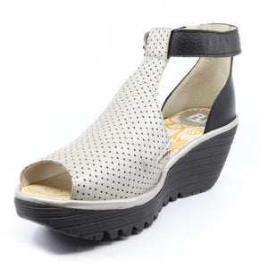 Fly London YALL962FLY Silver Black borg/mous Women's Wedges Open Toe Sandals Made In Portugal