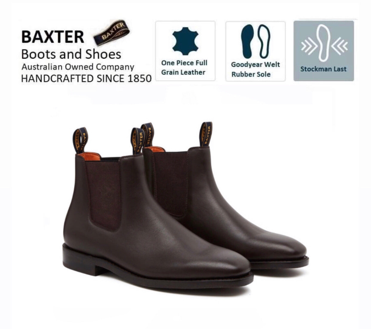 Baxter Goulburn Brown One Piece Rubber Sole Chelsea Dress Boot