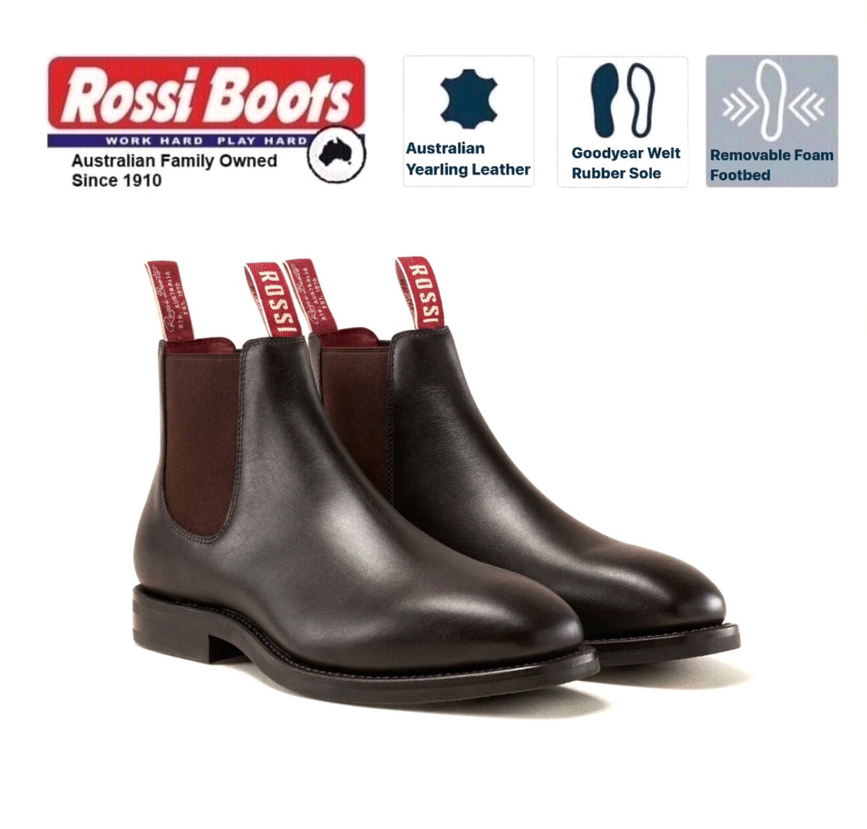 Rossi Boots 503 Kidman Chestnut Brown One Piece Rubber Sole Chelsea Dress Boot