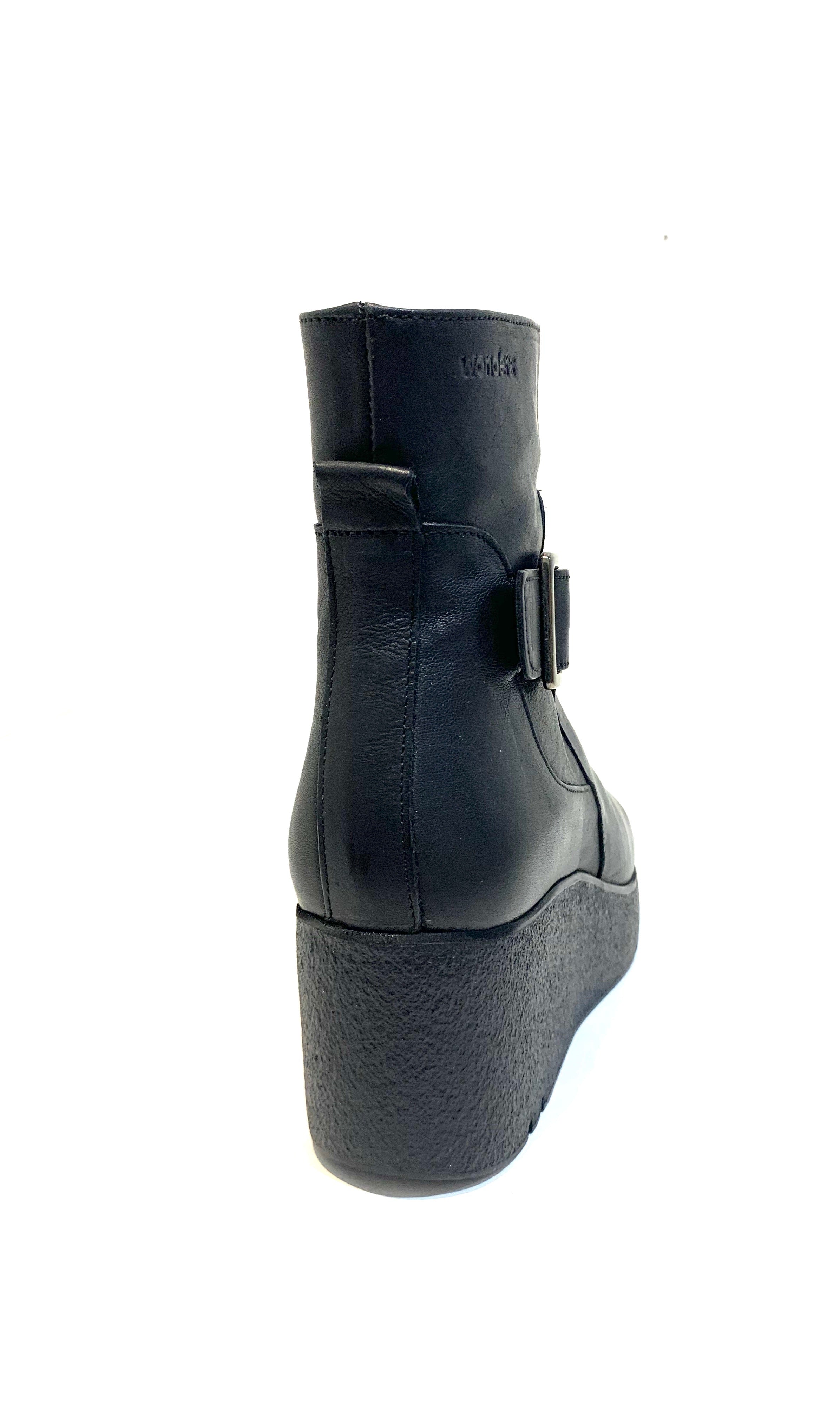 Wonders H-3208 Black Ankle Boot Wedge Zip Made In Spain