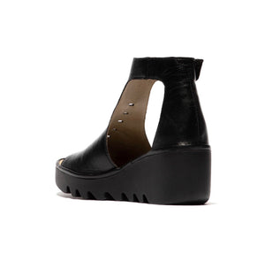 Fly London Bezo306Fly Black Leather Mousse Open Toe Wedge Made In