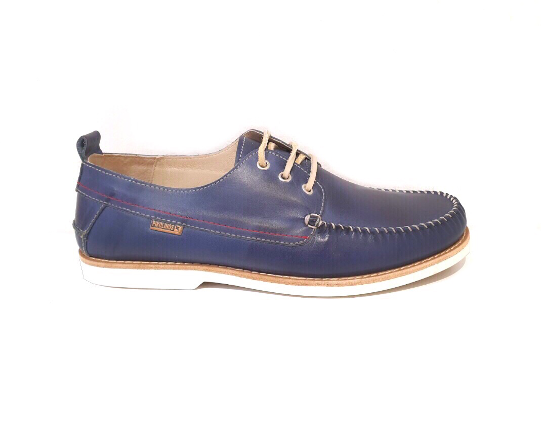 Pikolinos M3D-4074 Nautic Blue Leather 3 Eyelet Boat Shoes Made In Spain