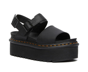 Dr. Martens Voss Quad Black Hydro Leather Yellow Stitch Platform Sandal