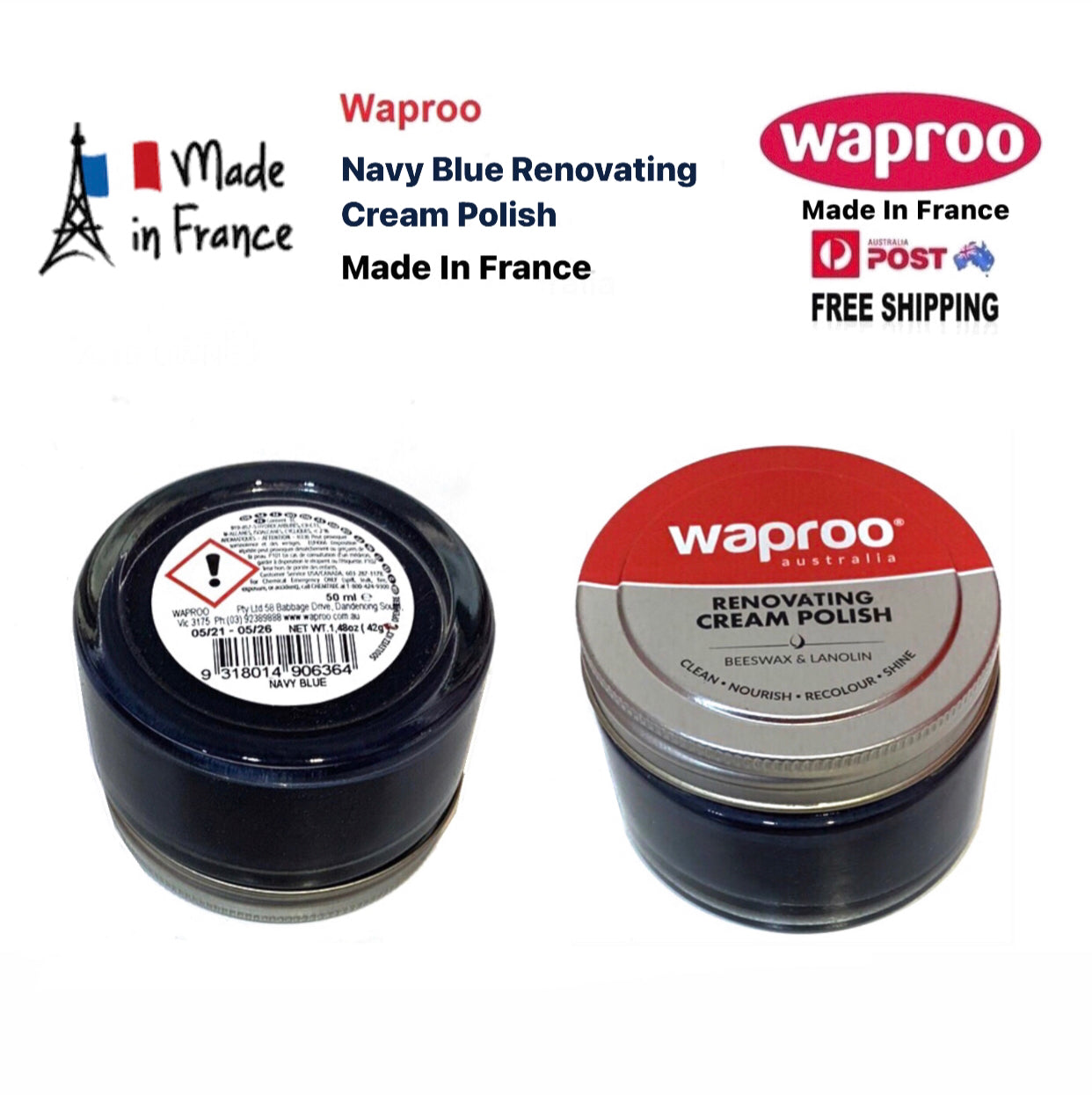 Waproo Navy Blue Renovating Cream Polish 42g Made In France