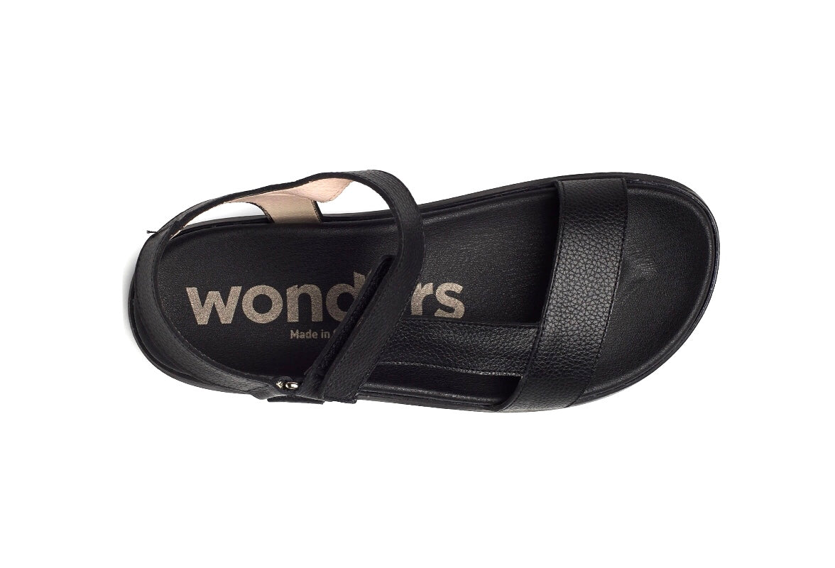Wonders B-7410 Black Willer Negro Leather Velcro Sandal Made In Spain