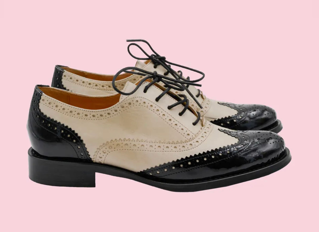 Rock n’ Dot 6904 Emily Black Coffee Cream Patent Leather 5 Eyelet Brogue Made In Portugal