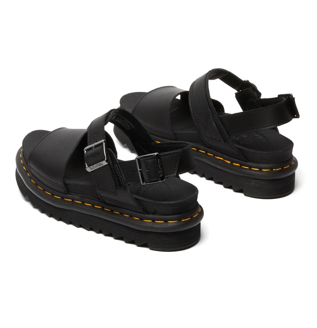 Dr. Martens Voss Black Hydro Leather Yellow Stitch Sandal