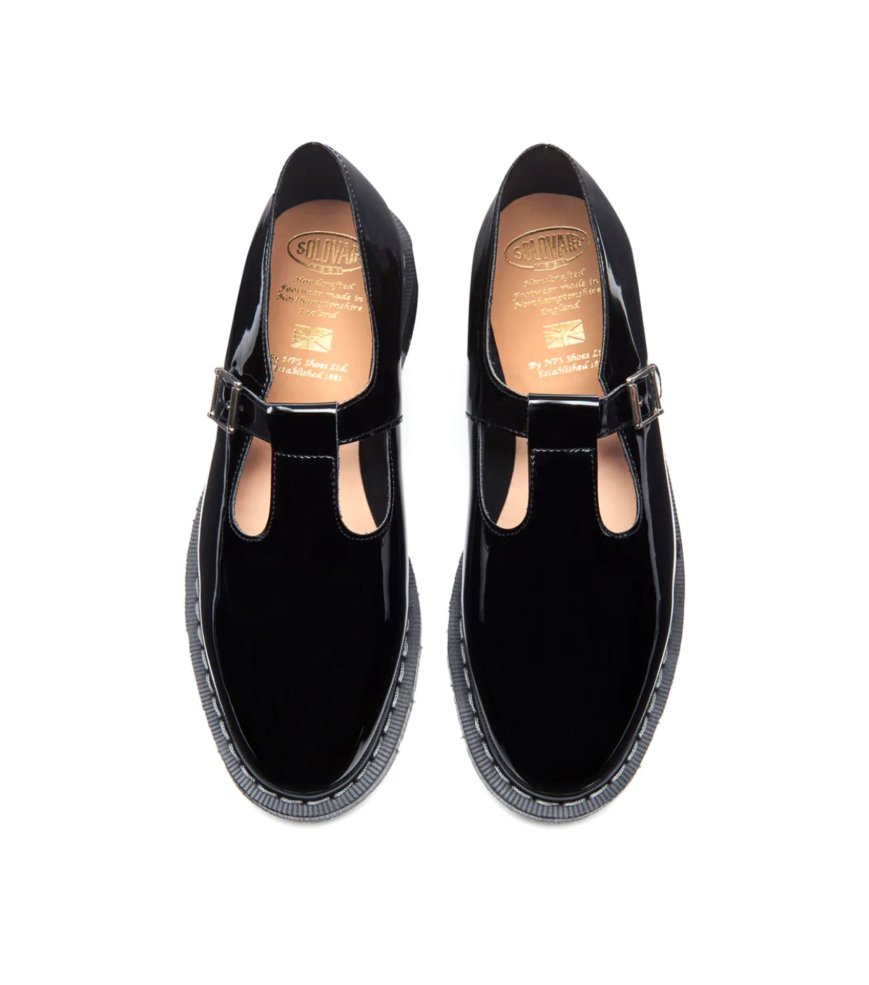 Solovair Black Patent Mary Jane White Stitch Shoe Made In England