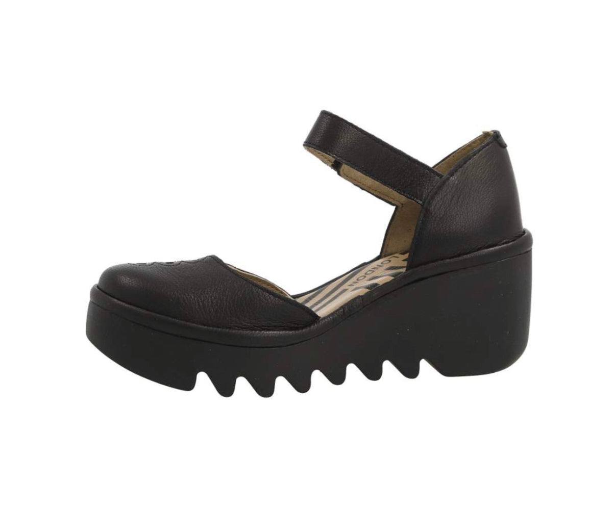 Fly London Biso305Fly Black Leather Mousse Wedges Made In Portugal