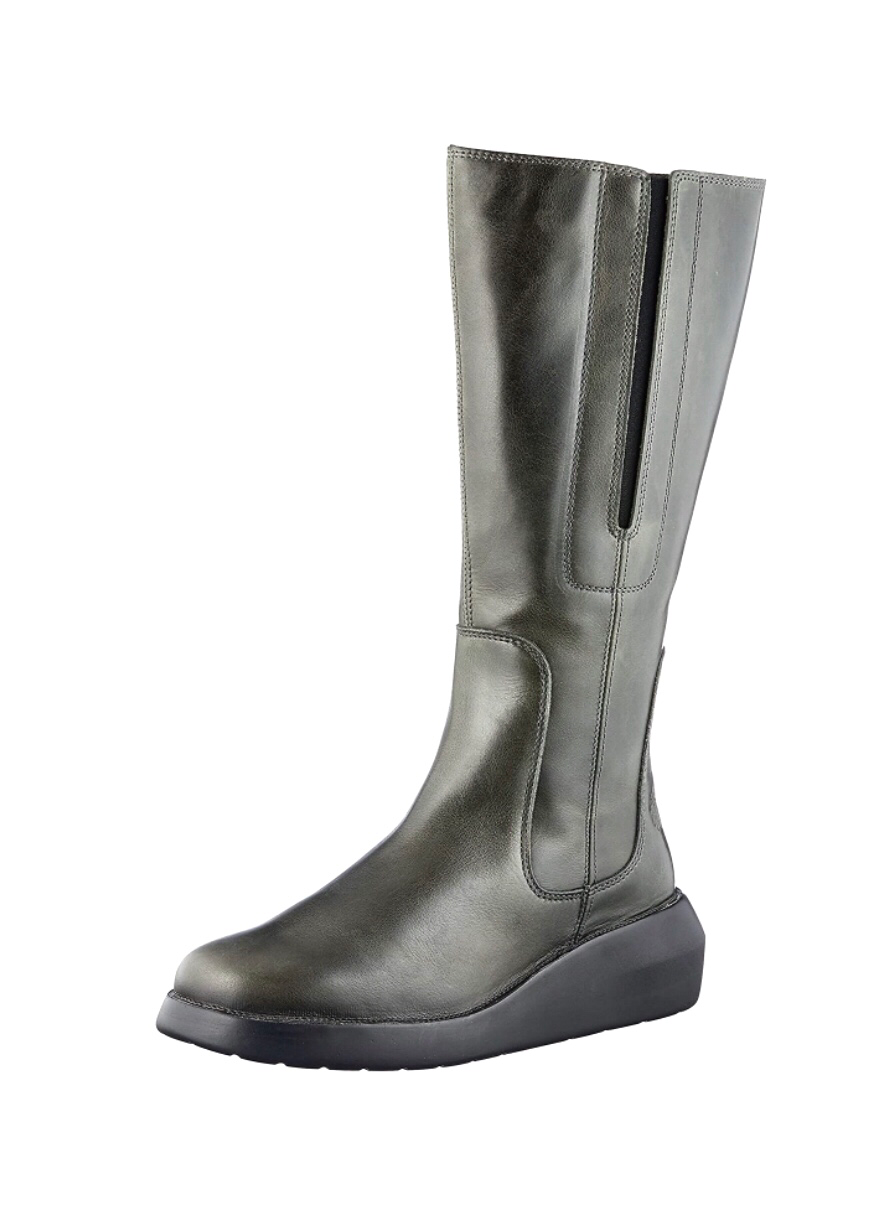Fly London Bola503Fly Diesel Green Leather Zip Knee High Boot Made In Portugal