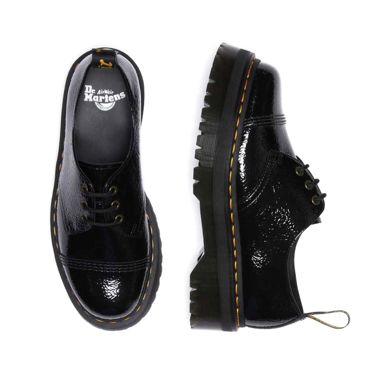 Dr. Martens 1461 Quad Black Distressed Patent Platform 3 Eyelet Shoe