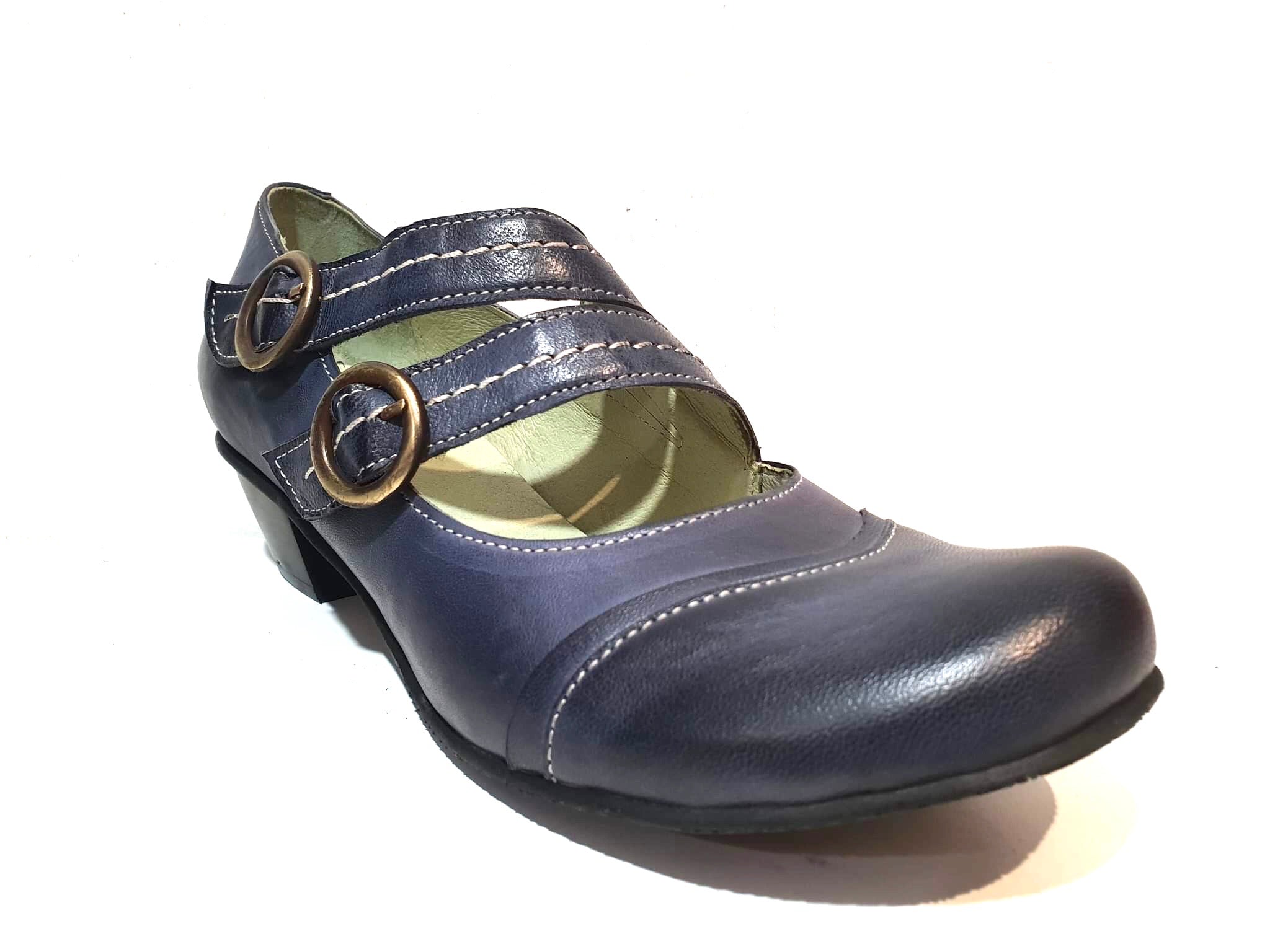 Mentha Alt Blue Leather Women’s Court Shoes Mary Jane Double Buckle Velcro Made In Portugal