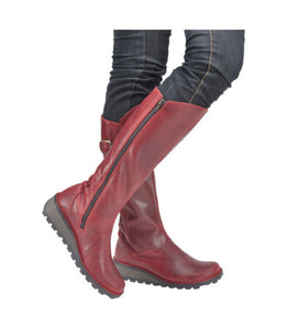 Fly London Mol Red Leather Zip Up Knee High Made In Portugal