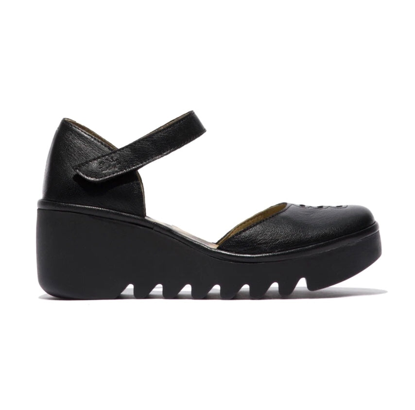 Fly London Biso305Fly Black Leather Mousse Wedges Made In Portugal