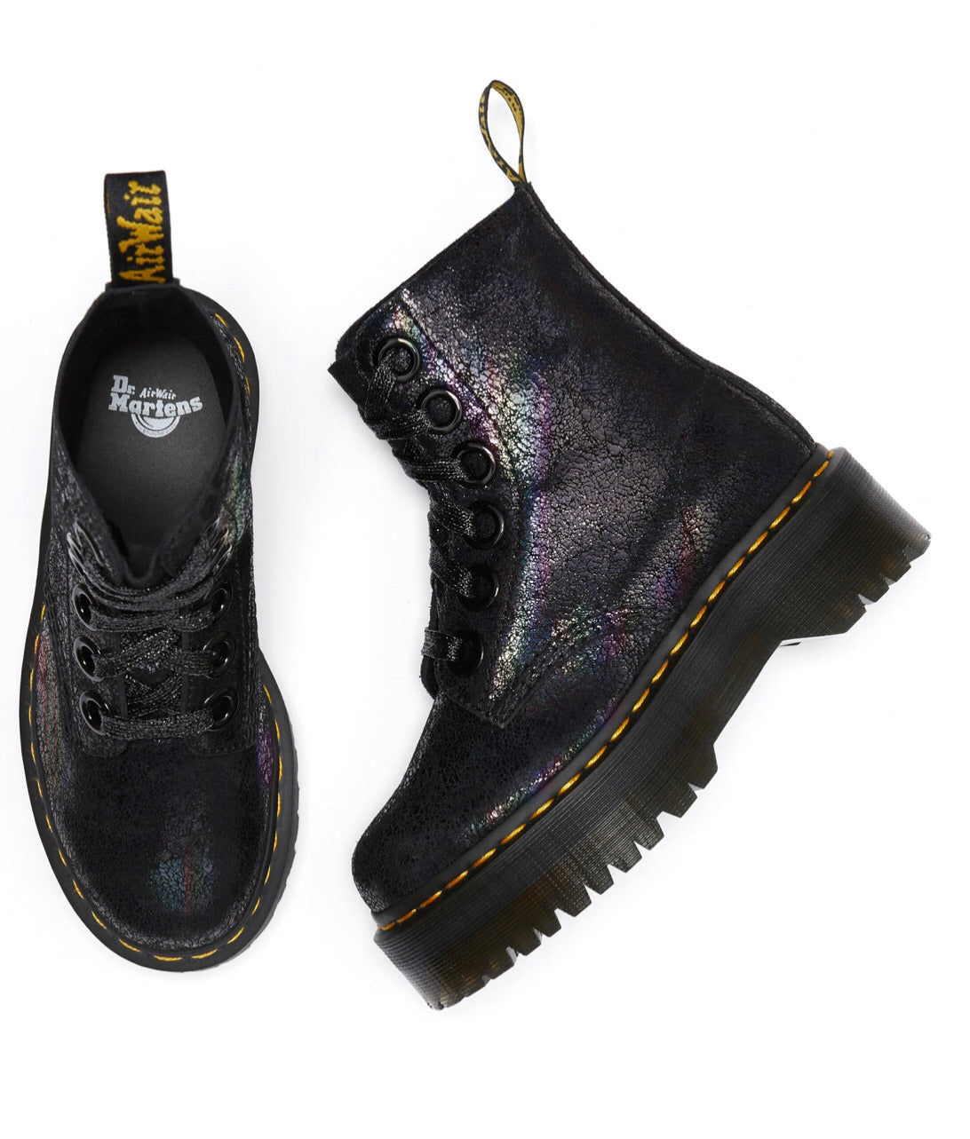 Dr. Martens Molly Black Iridescent Crackle Platform Ankle 6 Eyelet Boot