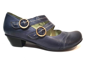 Mentha Alt Blue Leather Women’s Court Shoes Mary Jane Double Buckle Velcro Made In Portugal