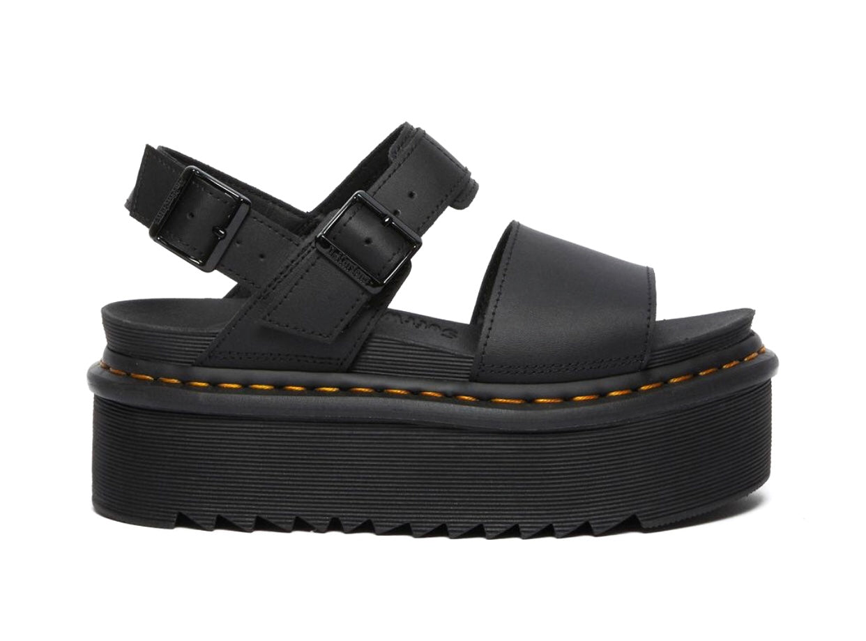 Dr. Martens Voss Quad Black Hydro Leather Yellow Stitch Platform Sandal