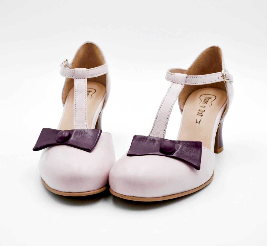 Rock n’ Dot 9472 Vikki Pink Purple Leather T-Bar Court Shoe Made In Portugal