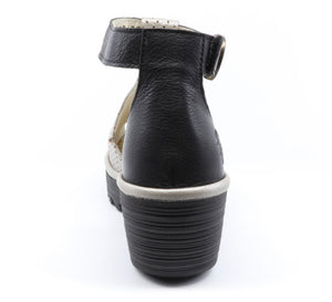 Fly London YALL962FLY Silver Black borg/mous Women's Wedges Open Toe Sandals Made In Portugal