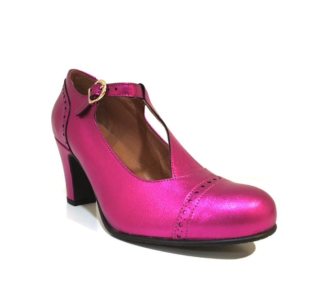 Rock n’ Dot 7165 Bettie Ketton Fuchsia Pink Leather T-Bar Court Shoe Made In Portugal