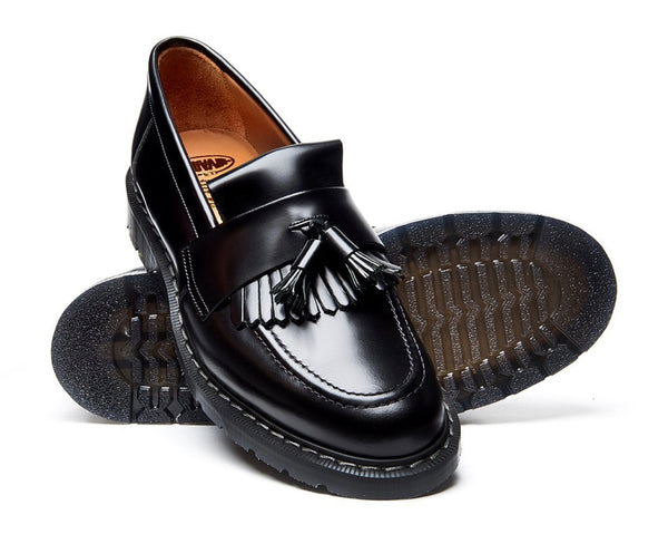 Solovair Black Hi-Shine Tassel Loafer Leather Shoe Made In England