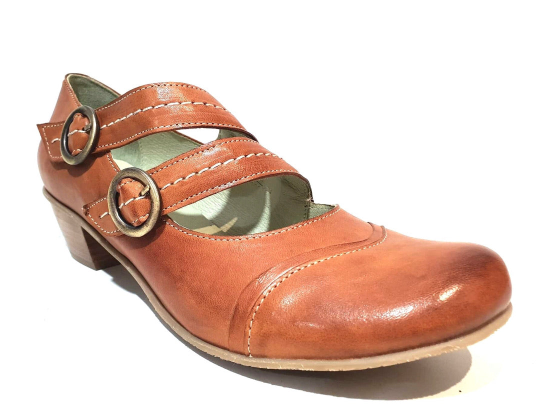 Mentha Alt Cognac Leather Women’s Court Shoes Mary Jane Double Buckle Velcro Made In Portugal