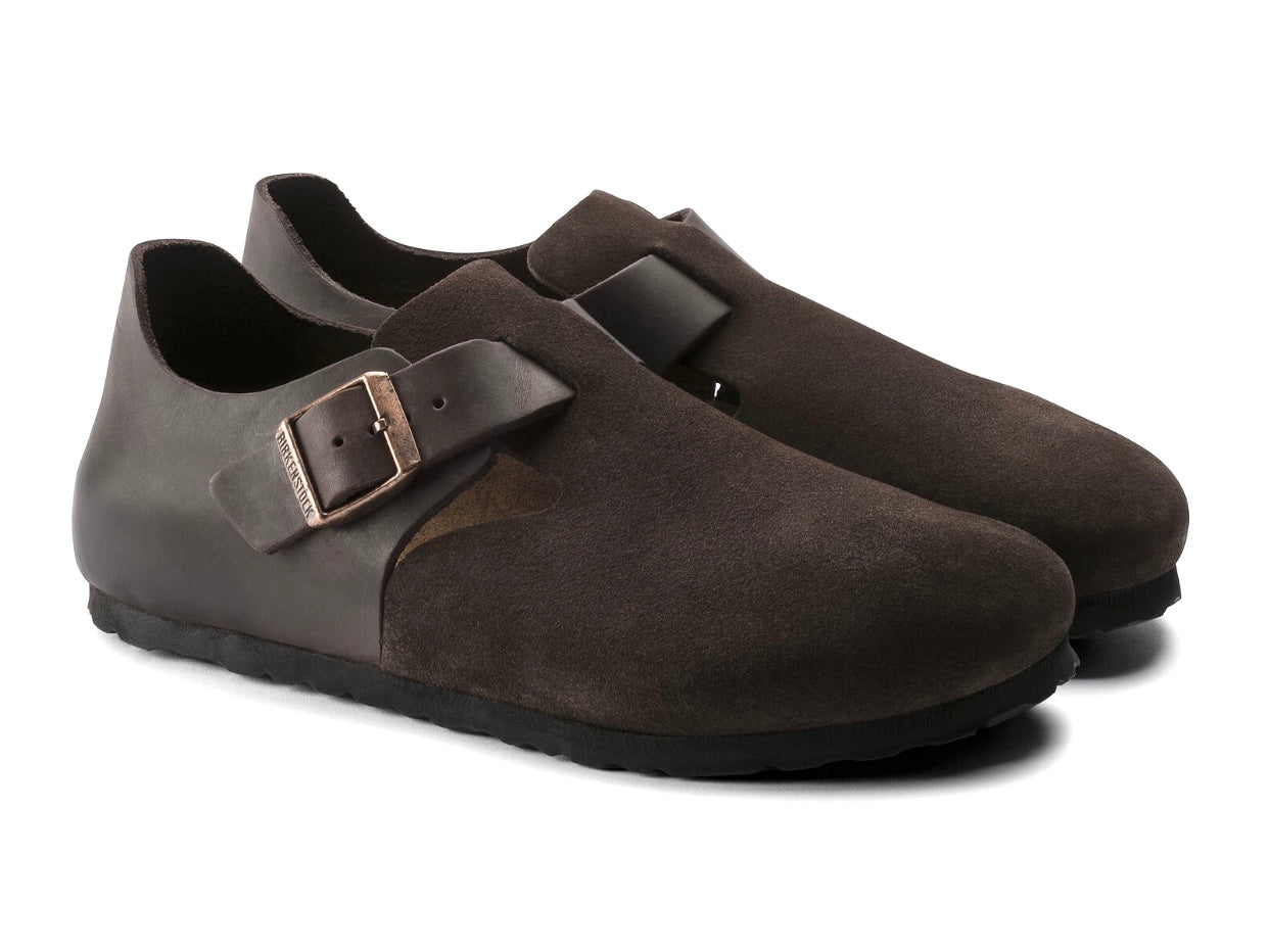 Birkenstock London Ebony Brown Oiled Leather Suede Leather Classic Footbed